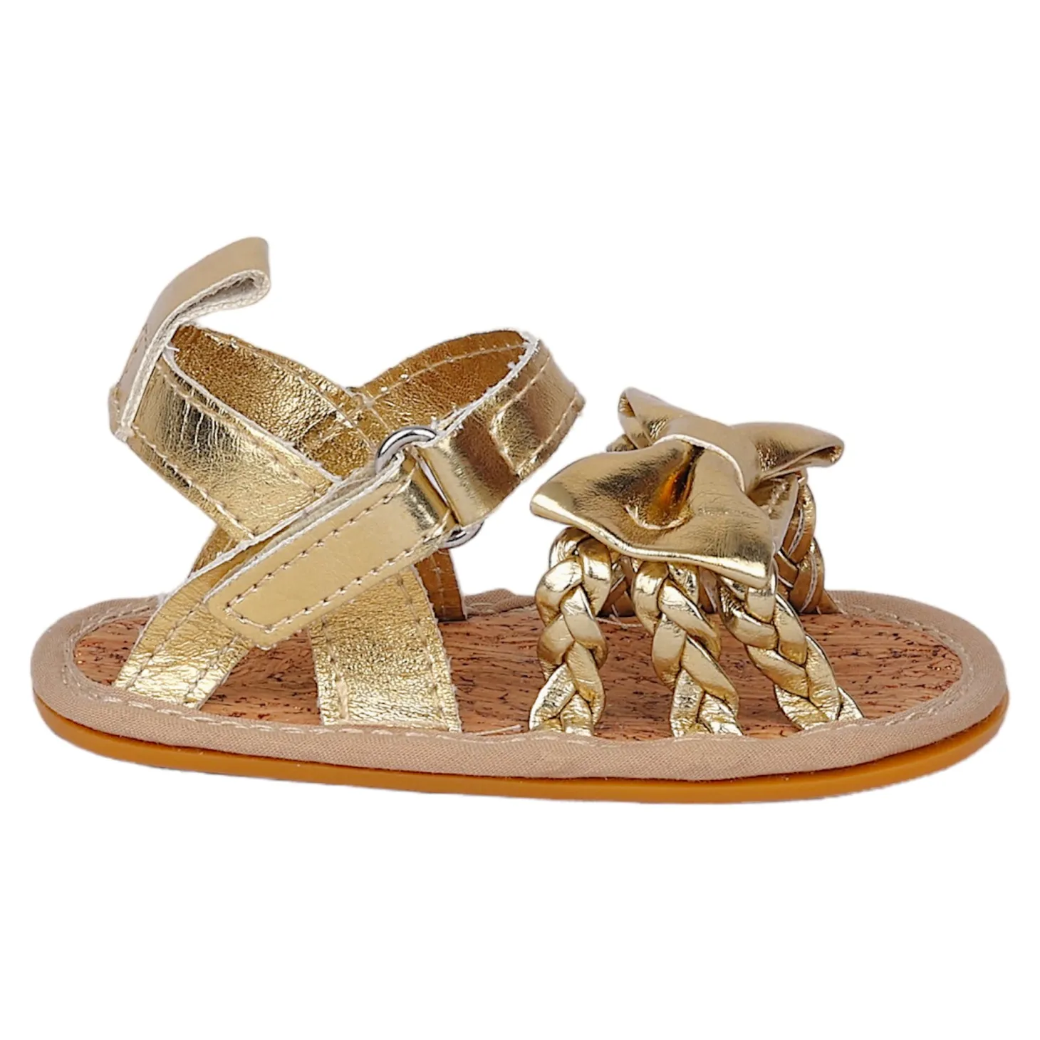 Baby Moo Partywear Patent Leather Bow Velcro Strap Anti-Skid Sandals - Gold, Metallic