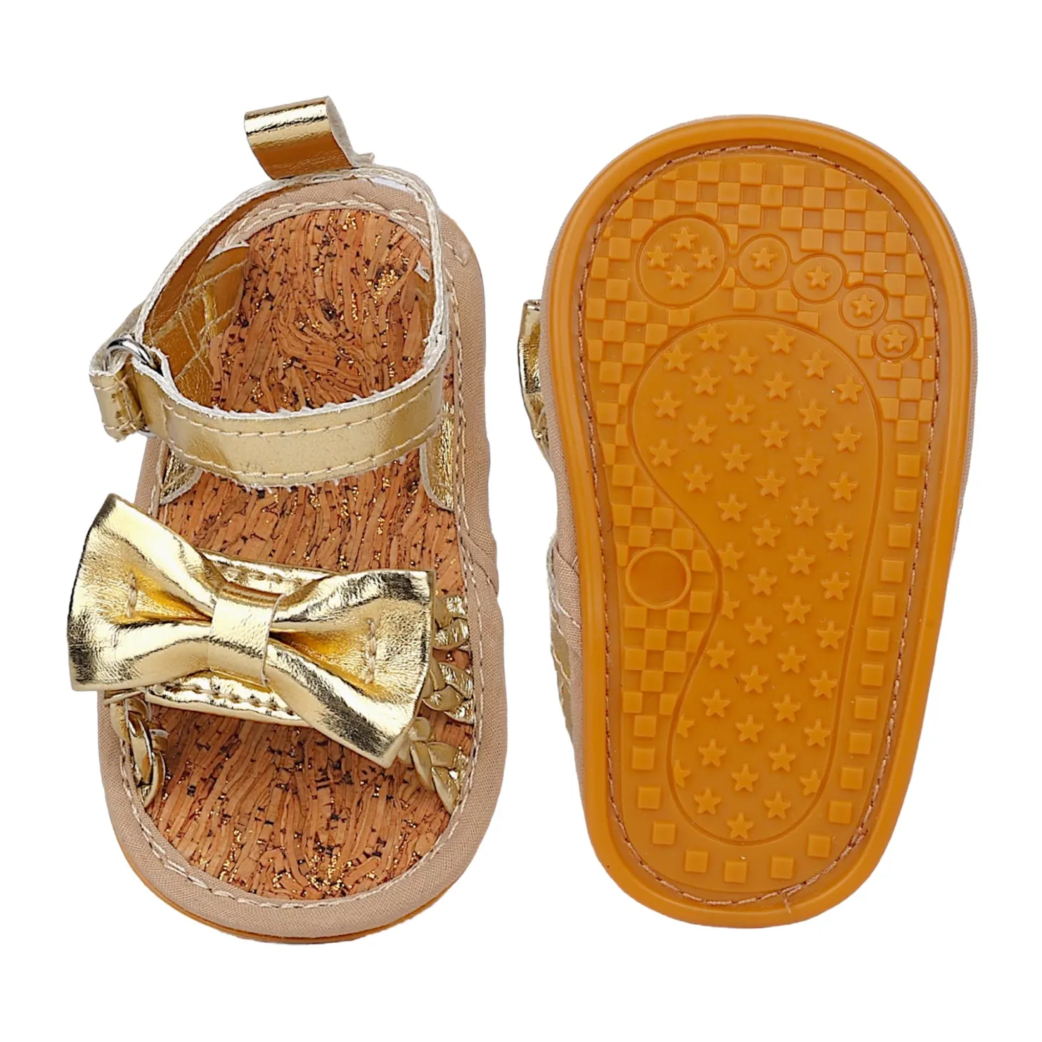Baby Moo Partywear Patent Leather Bow Velcro Strap Anti-Skid Sandals - Gold, Metallic