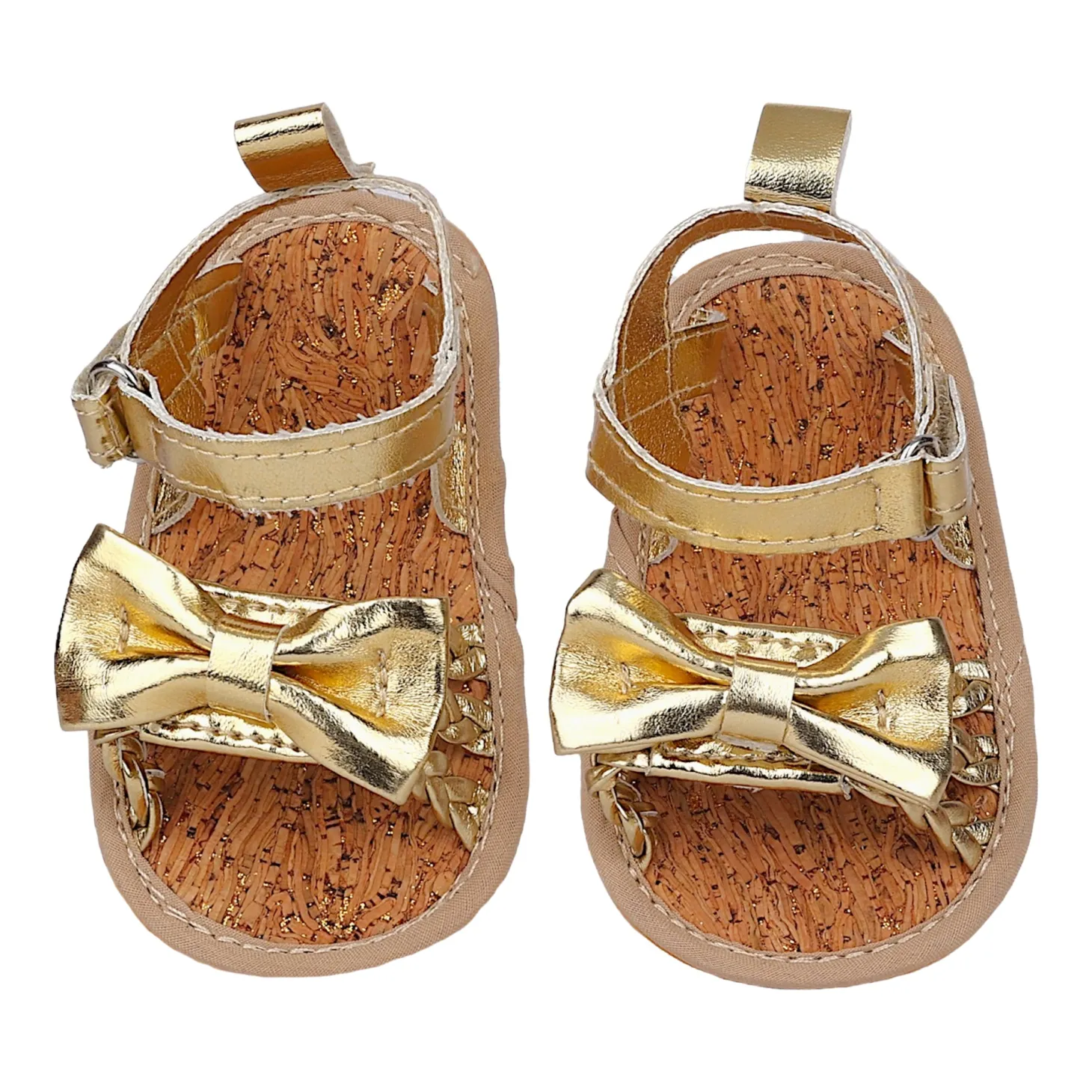Baby Moo Partywear Patent Leather Bow Velcro Strap Anti-Skid Sandals - Gold, Metallic