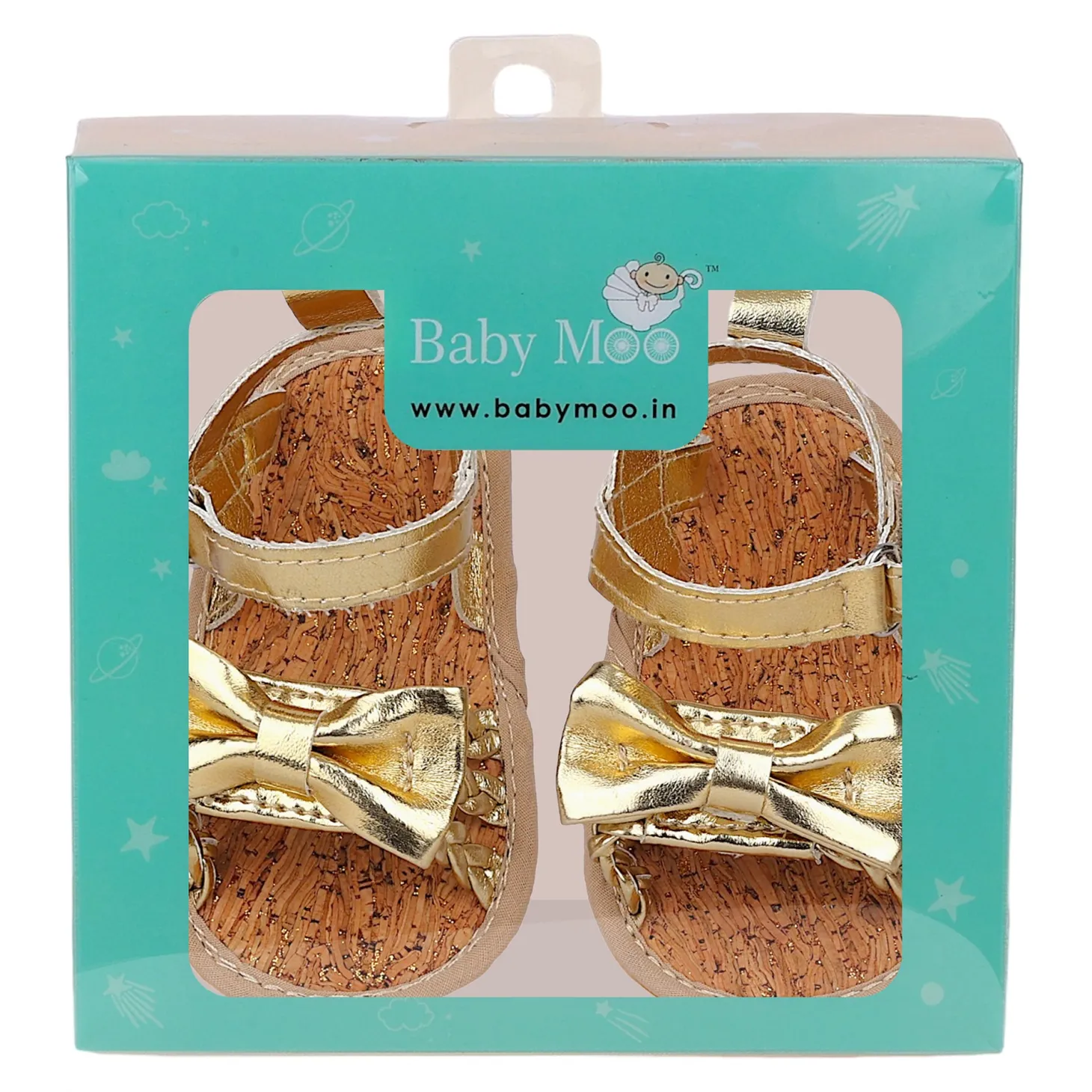 Baby Moo Partywear Patent Leather Bow Velcro Strap Anti-Skid Sandals - Gold, Metallic