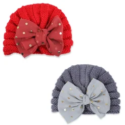 Baby Moo Partywear Sequence Bow 2 Pack Turban Caps - Red And Grey
