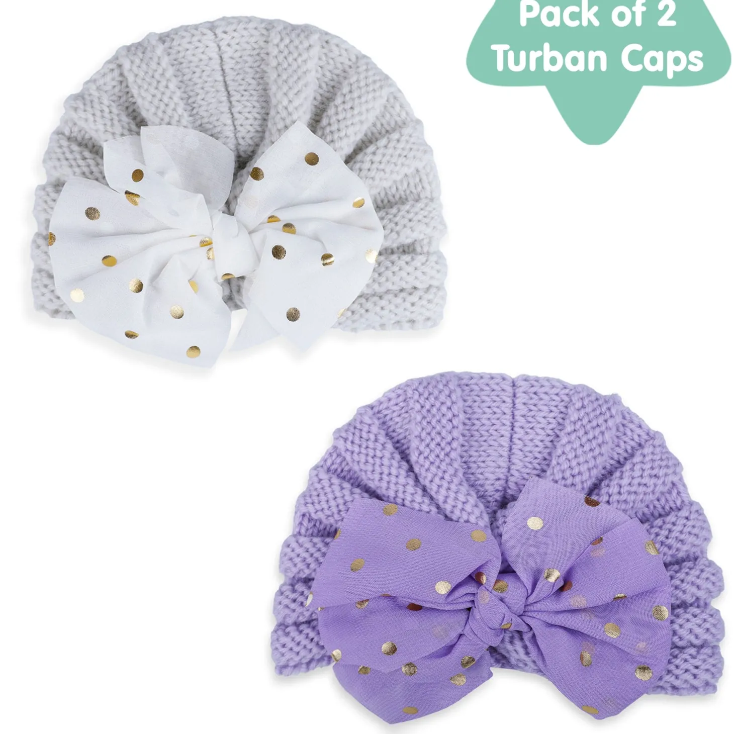 Baby Moo Partywear Sequence Bow 2 Pack Turban Caps - Lilac And White