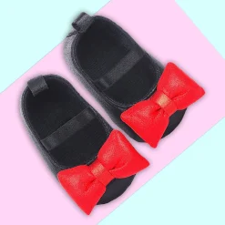 Baby Moo Partywear Shiny Bow Elastic Strap Anti-Skid Ballerina Booties - Black