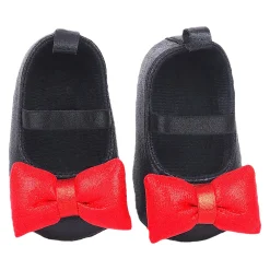 Baby Moo Partywear Shiny Bow Elastic Strap Anti-Skid Ballerina Booties - Black