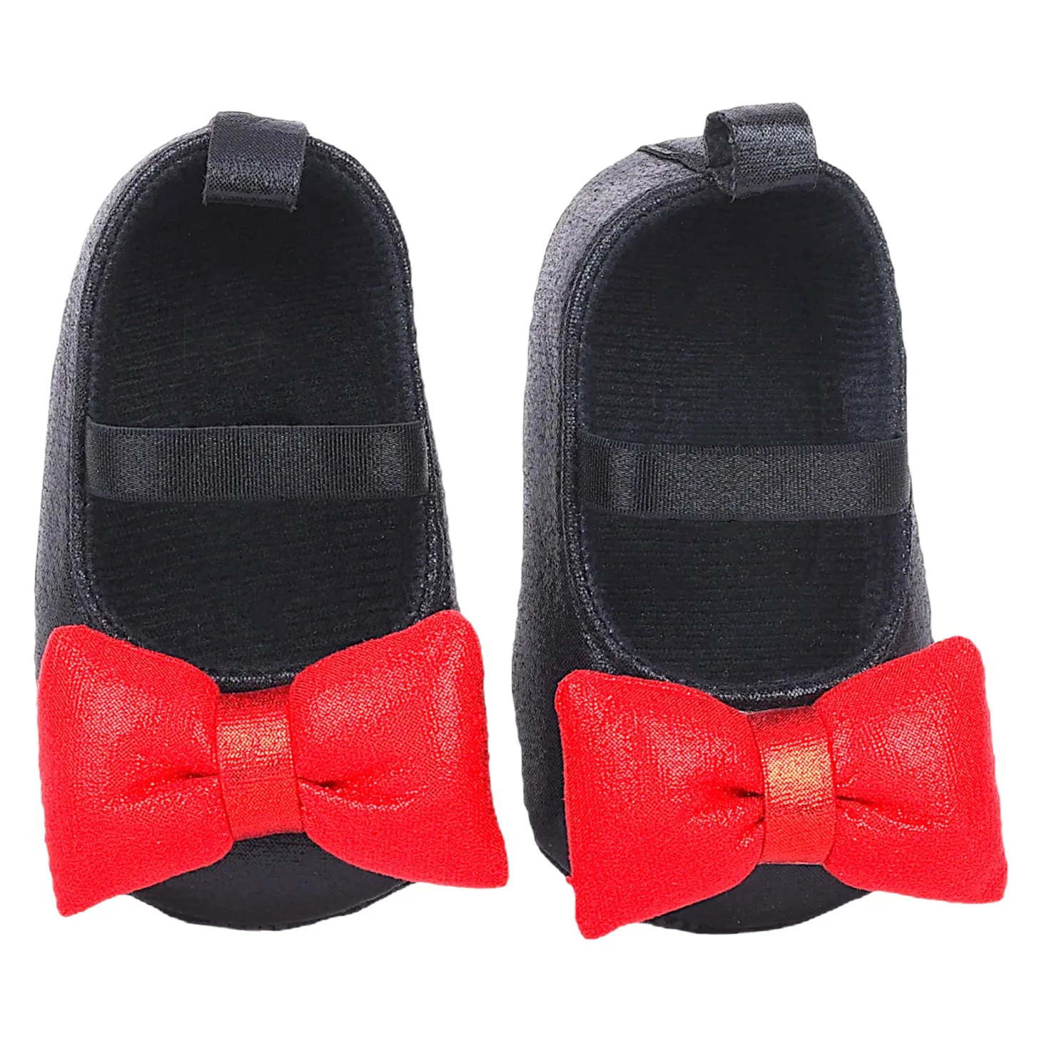 Baby Moo Partywear Shiny Bow Elastic Strap Anti-Skid Ballerina Booties - Black