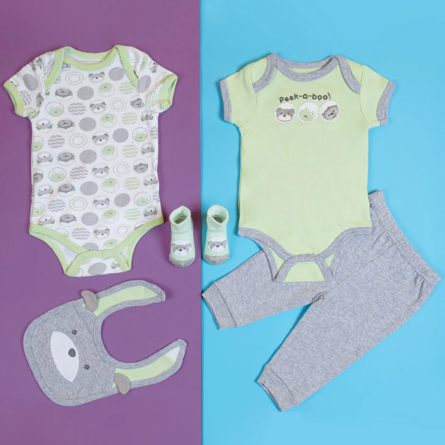 Baby Moo Peek A Boo Gift Set 5 Piece With Bodysuits, Pyjama, Bib And Socks - Green, Grey