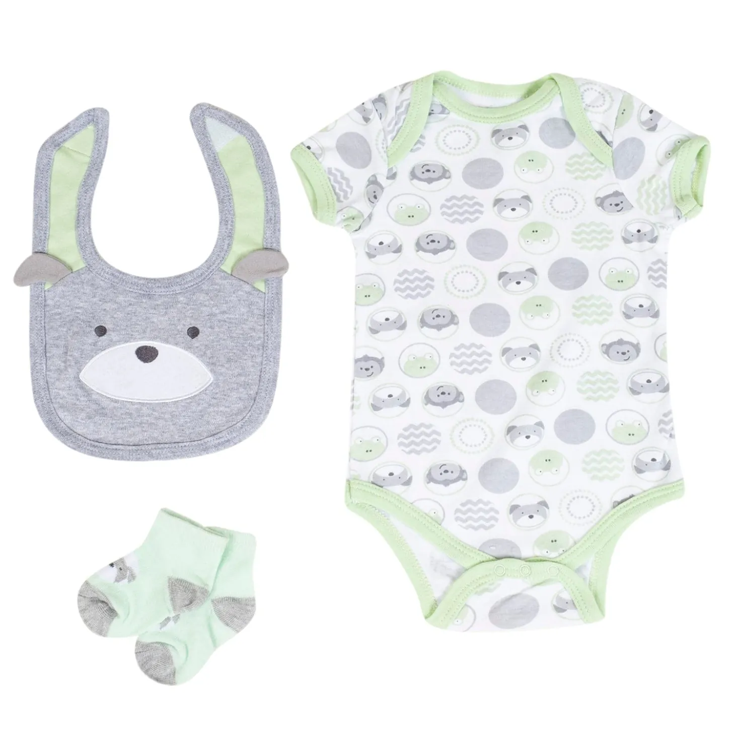 Baby Moo Peek A Boo Gift Set 5 Piece With Bodysuits, Pyjama, Bib And Socks - Green, Grey