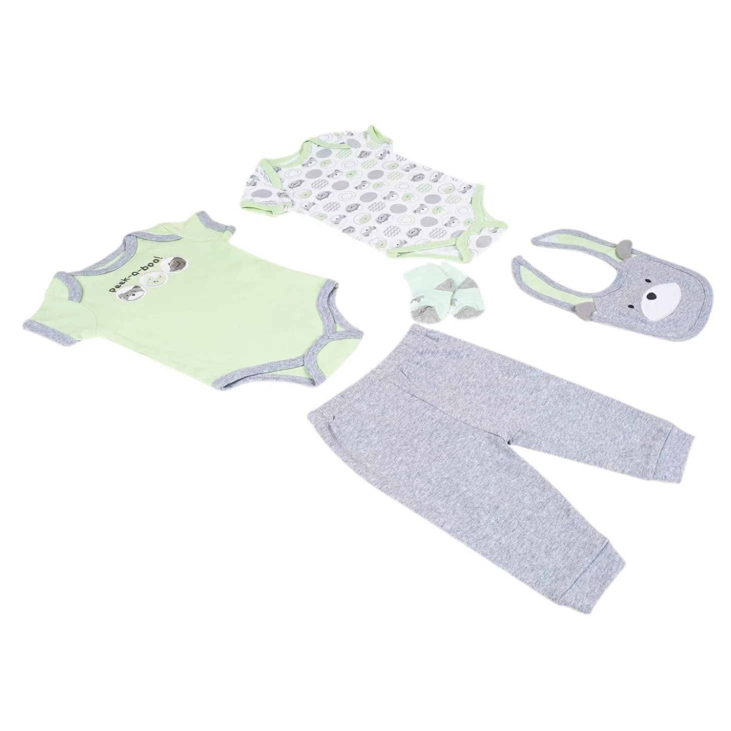 Baby Moo Peek A Boo Gift Set 5 Piece With Bodysuits, Pyjama, Bib And Socks - Green, Grey