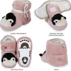 Baby Moo Penguin Warm Veclro Strap Fur Booties - Pink