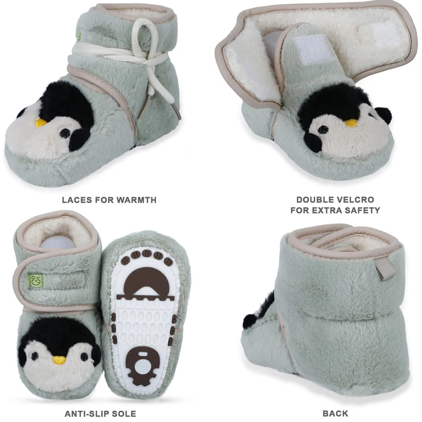Baby Moo Penguin Warm Veclro Strap Fur Booties - Green