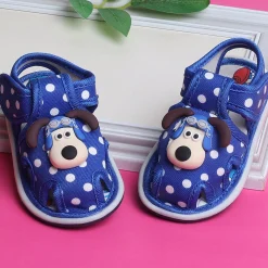 Baby Moo Pilot Dog Applique Polka Dot Printed Velcro Strap Anti-Skid Chu Chu Sound Sandals - Blue