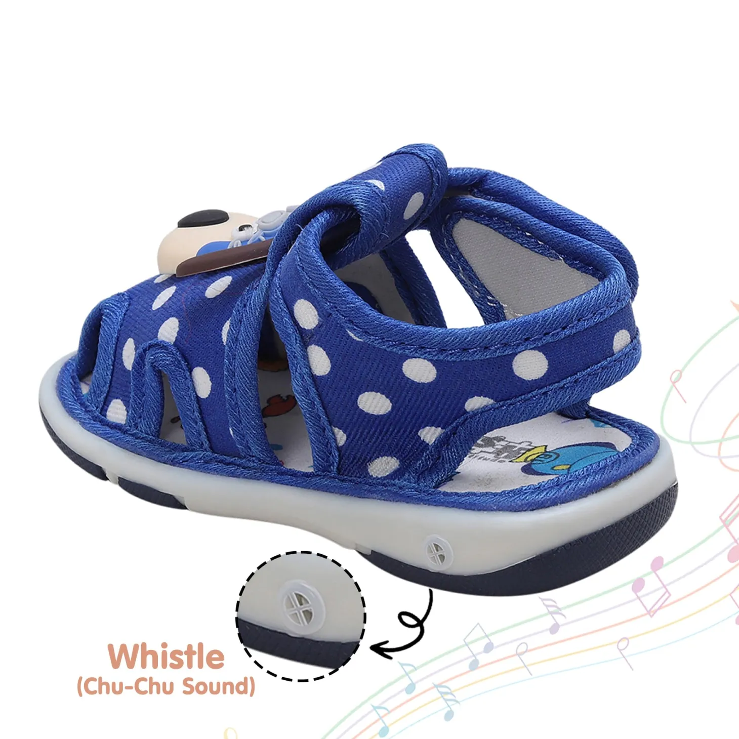 Baby Moo Pilot Dog Applique Polka Dot Printed Velcro Strap Anti-Skid Chu Chu Sound Sandals - Blue