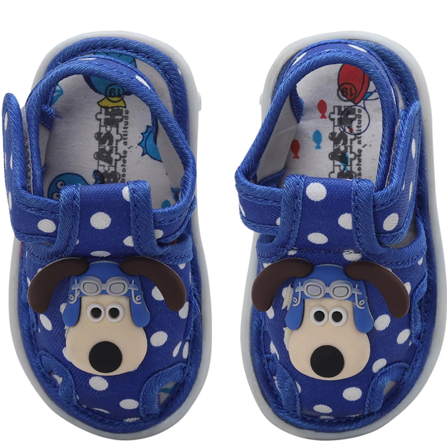 Baby Moo Pilot Dog Applique Polka Dot Printed Velcro Strap Anti-Skid Chu Chu Sound Sandals - Blue