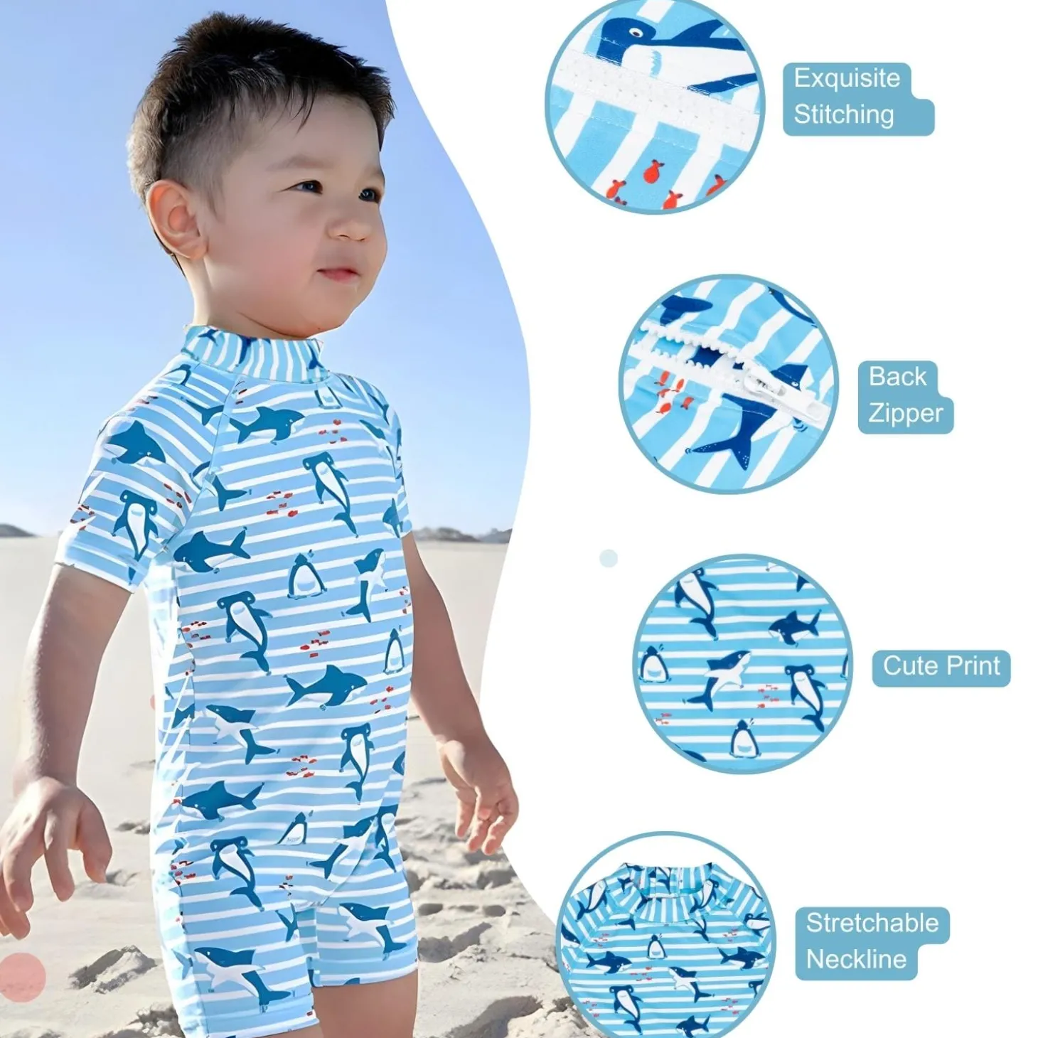 Baby Moo Playing Dolphin Beach Bodysuit One-Piece Swimsuit Pool Swimming Costume - Blue