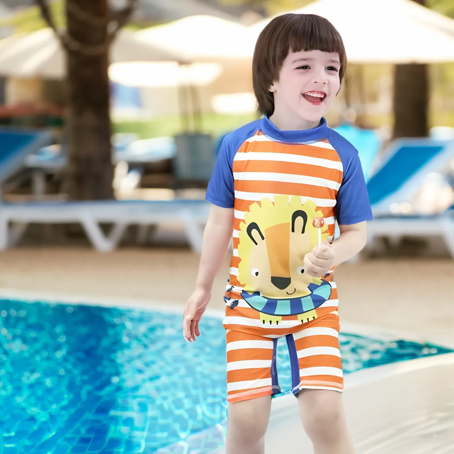 Baby Moo Playing Lion Beach Bodysuit One-Piece Swimsuit Pool Swimming Costume - Orange
