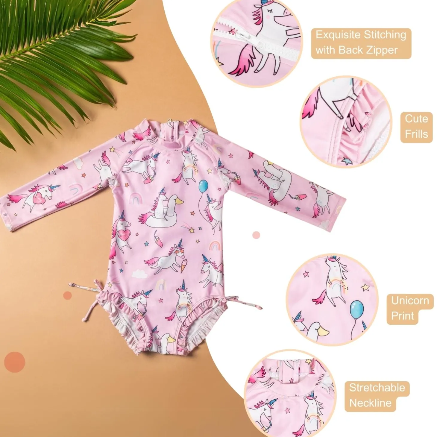 Baby Moo Playing Unicorn Beach Bodysuit One-Piece Swimsuit Pool Swimming Costume - Pink