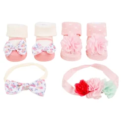 Baby Moo Pocket Full Of Posies Infant Girl 4-Piece Gift Hairband And Socks Set - Pink