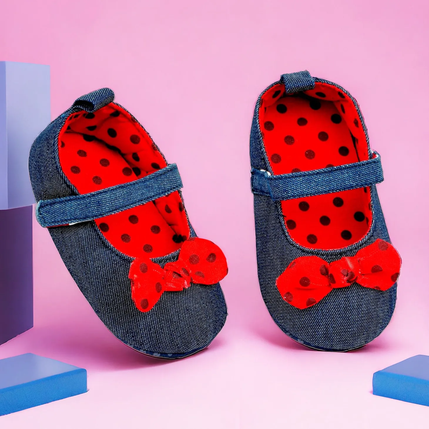 Baby Moo Polka Bow Knot Velcro Strap Denim Ballerina Booties - Navy Blue