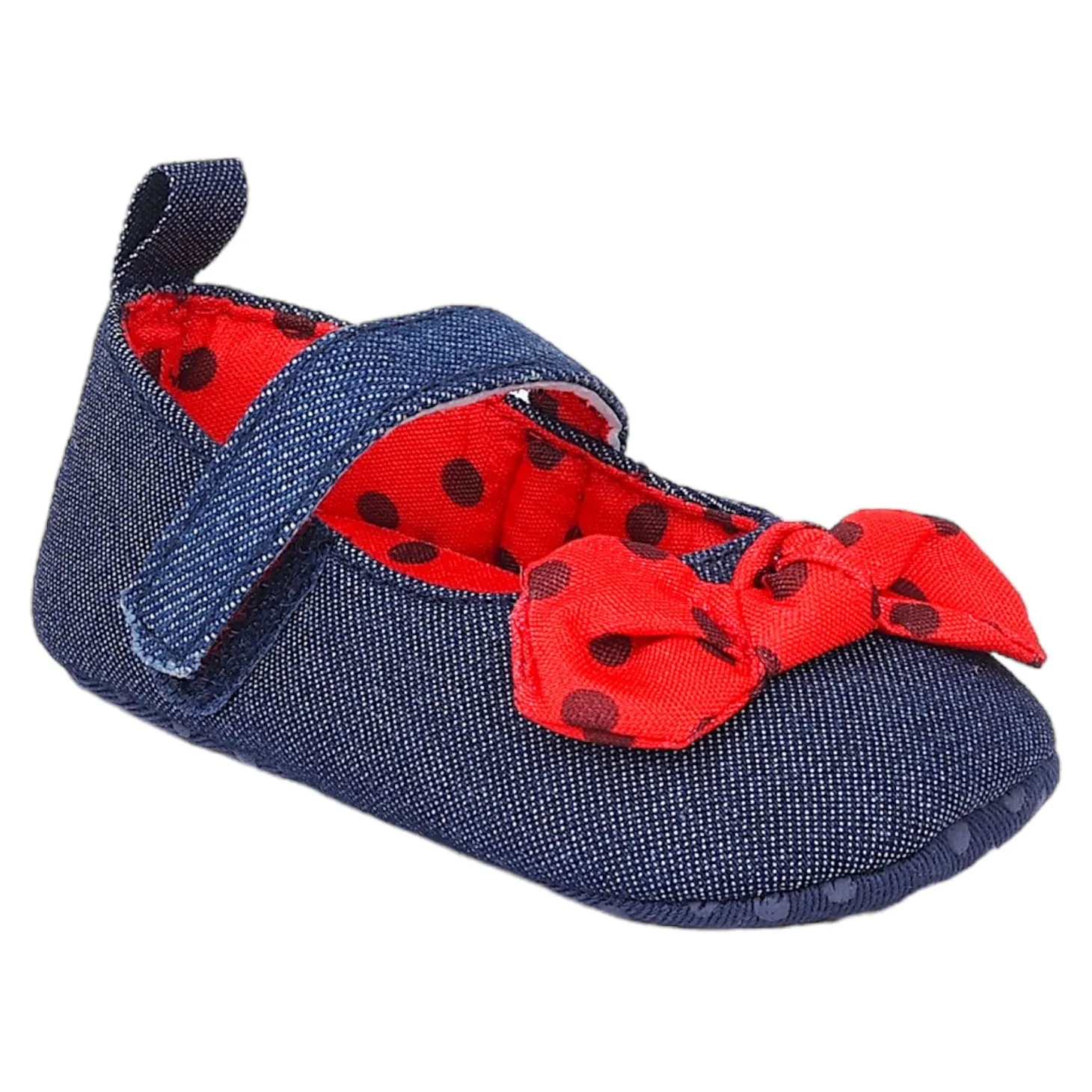 Baby Moo Polka Bow Knot Velcro Strap Denim Ballerina Booties - Navy Blue