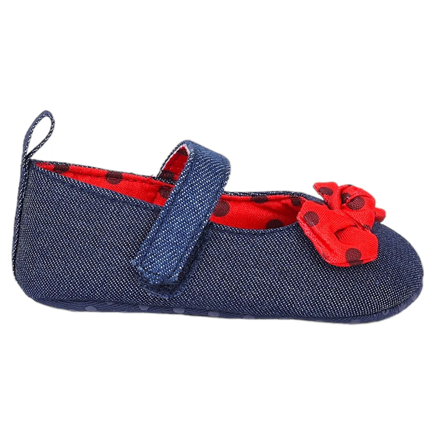 Baby Moo Polka Bow Knot Velcro Strap Denim Ballerina Booties - Navy Blue
