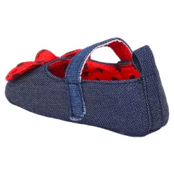 Baby Moo Polka Bow Knot Velcro Strap Denim Ballerina Booties - Navy Blue