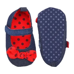 Baby Moo Polka Bow Knot Velcro Strap Denim Ballerina Booties - Navy Blue