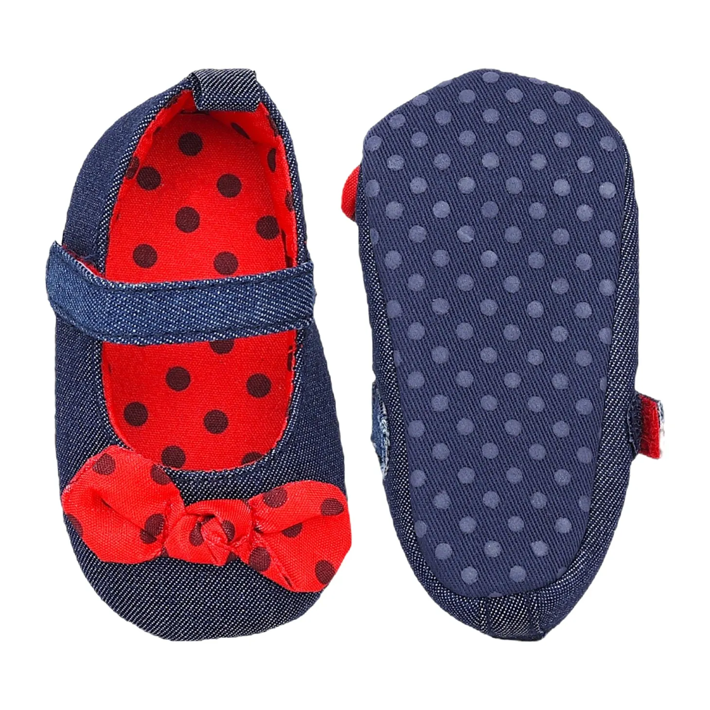 Baby Moo Polka Bow Knot Velcro Strap Denim Ballerina Booties - Navy Blue