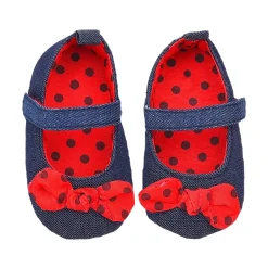 Baby Moo Polka Bow Knot Velcro Strap Denim Ballerina Booties - Navy Blue