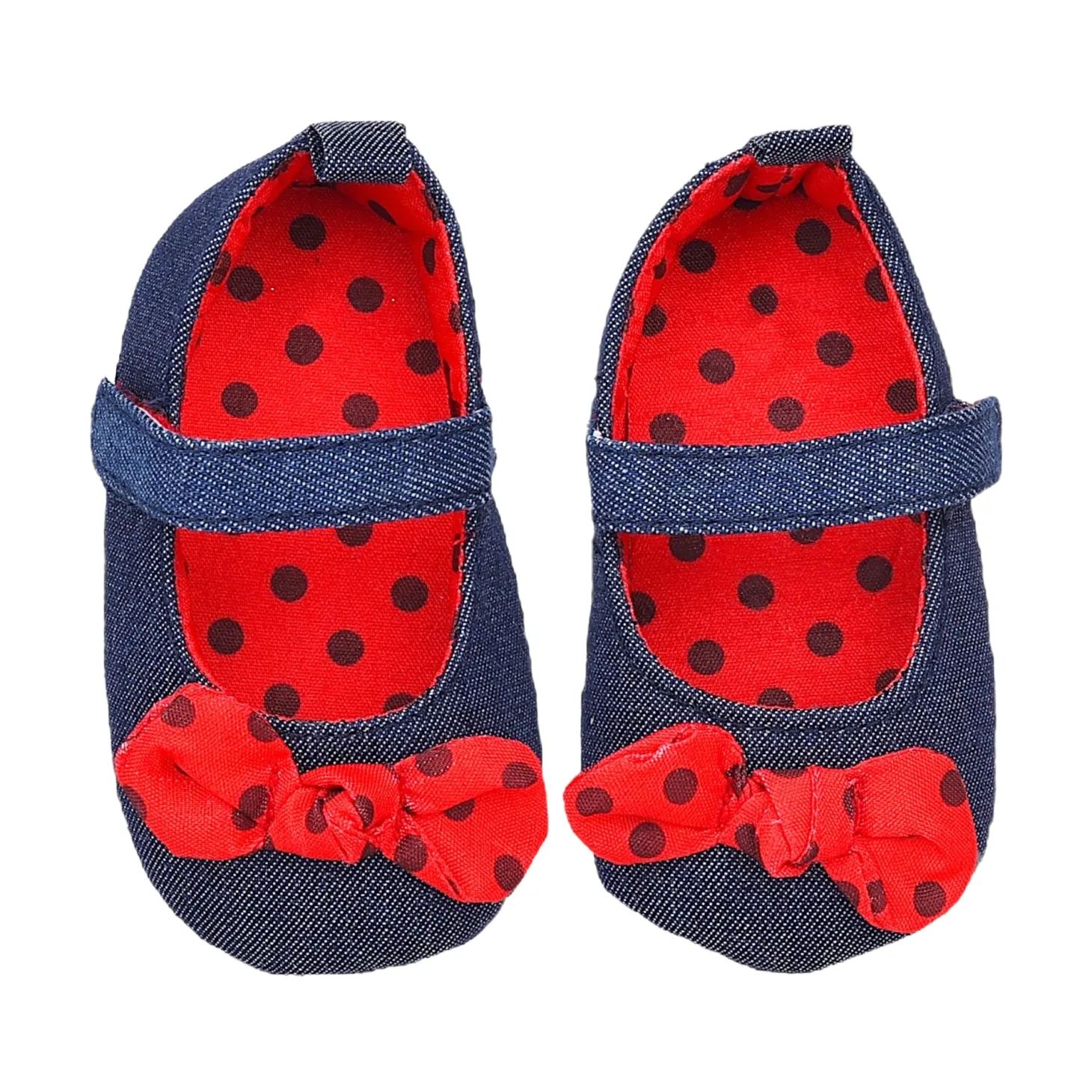 Baby Moo Polka Bow Knot Velcro Strap Denim Ballerina Booties - Navy Blue