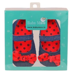 Baby Moo Polka Bow Knot Velcro Strap Denim Ballerina Booties - Navy Blue