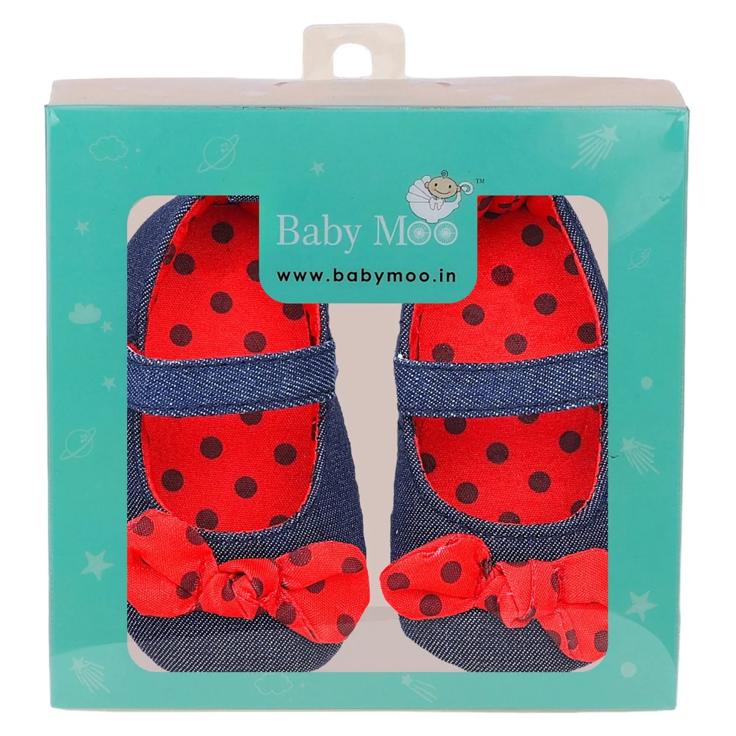 Baby Moo Polka Bow Knot Velcro Strap Denim Ballerina Booties - Navy Blue