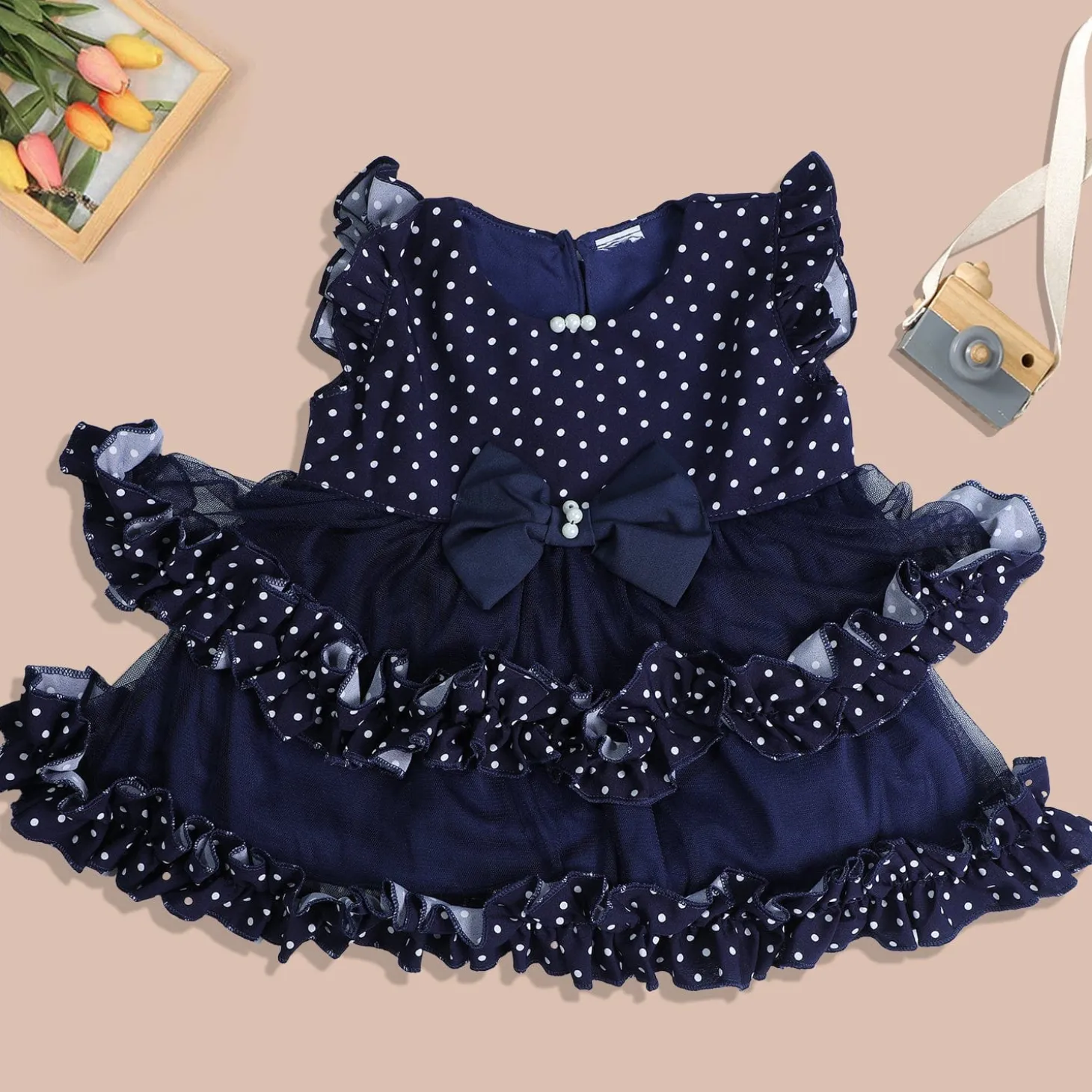 Baby Moo Polka Dot With Pearl And Bow Detail Frilly Layered Party Dress - Black