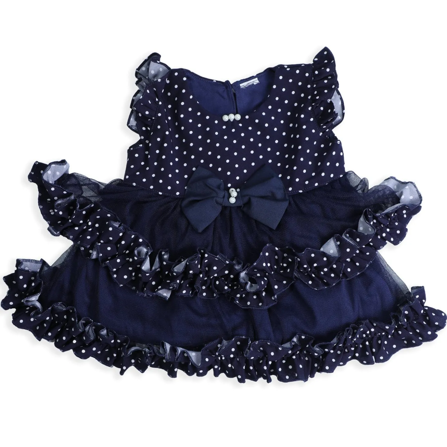 Baby Moo Polka Dot With Pearl And Bow Detail Frilly Layered Party Dress - Black