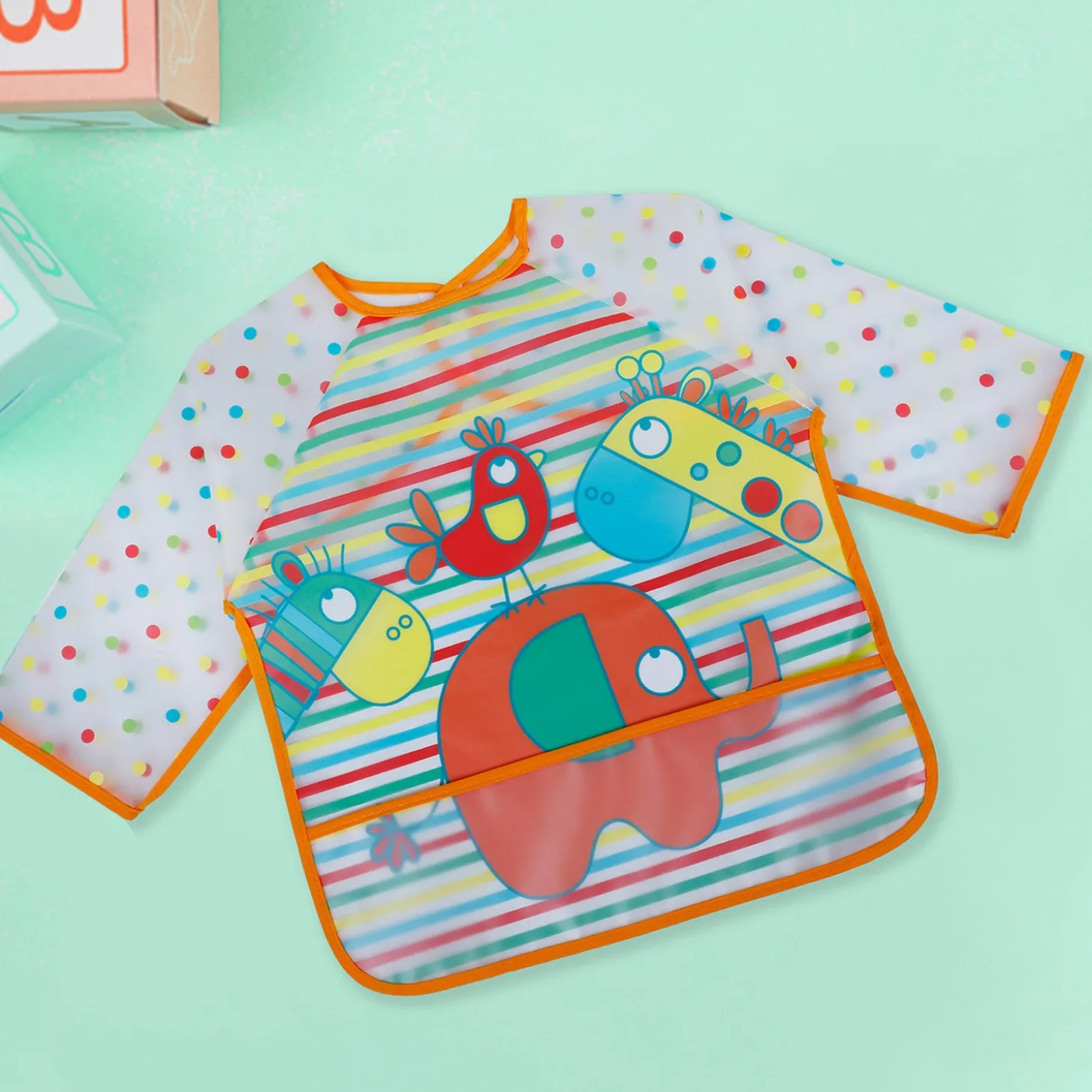 Baby Moo Polka Dots with Animals Long Sleeves Waterproof Wear Me Bib - Orange