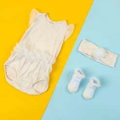Baby Moo Polka Dotted Gift Set 3 Piece With Bodysuit, Socks And Headband - Peach