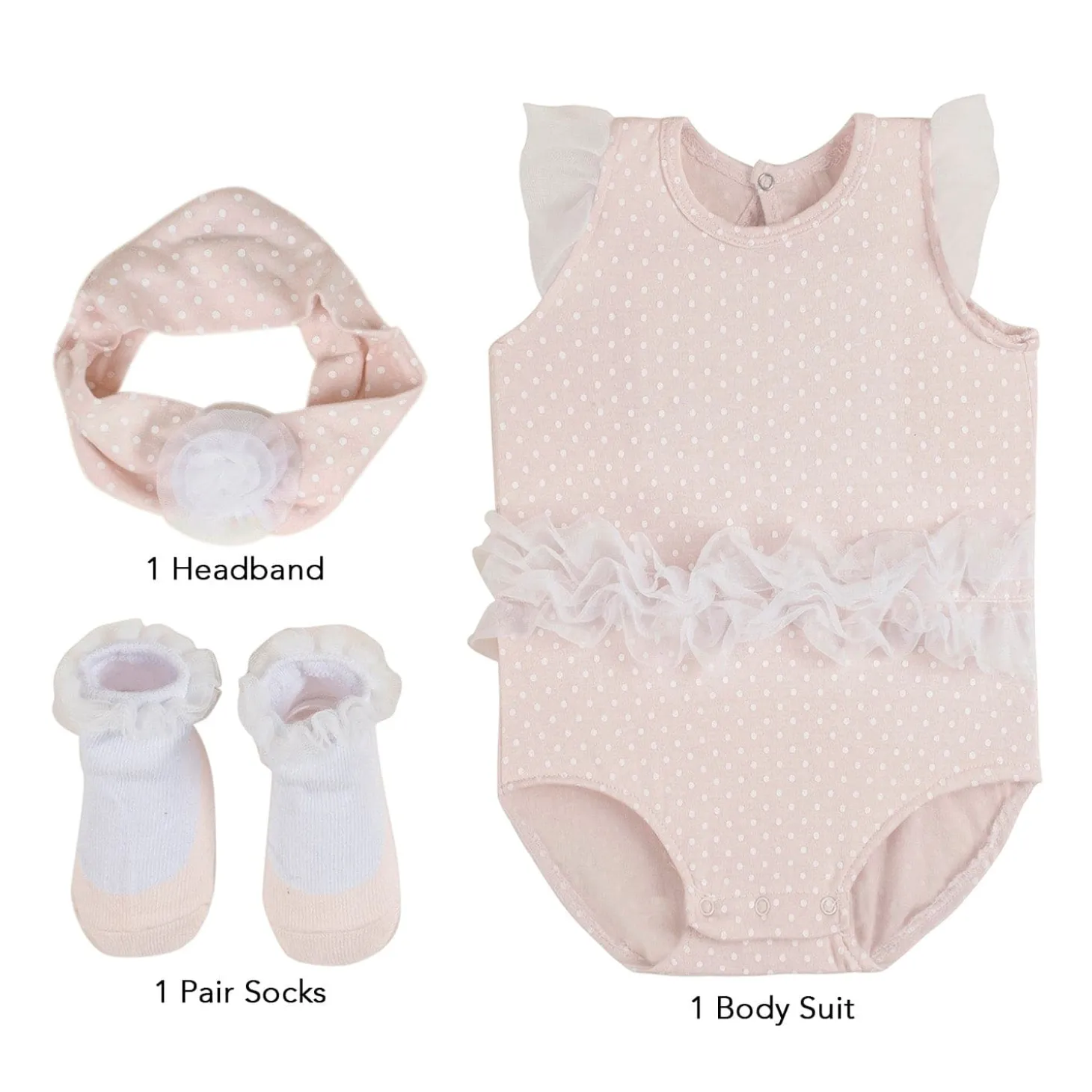 Baby Moo Polka Dotted Gift Set 3 Piece With Bodysuit, Socks And Headband - Peach