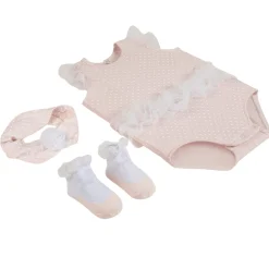 Baby Moo Polka Dotted Gift Set 3 Piece With Bodysuit, Socks And Headband - Peach