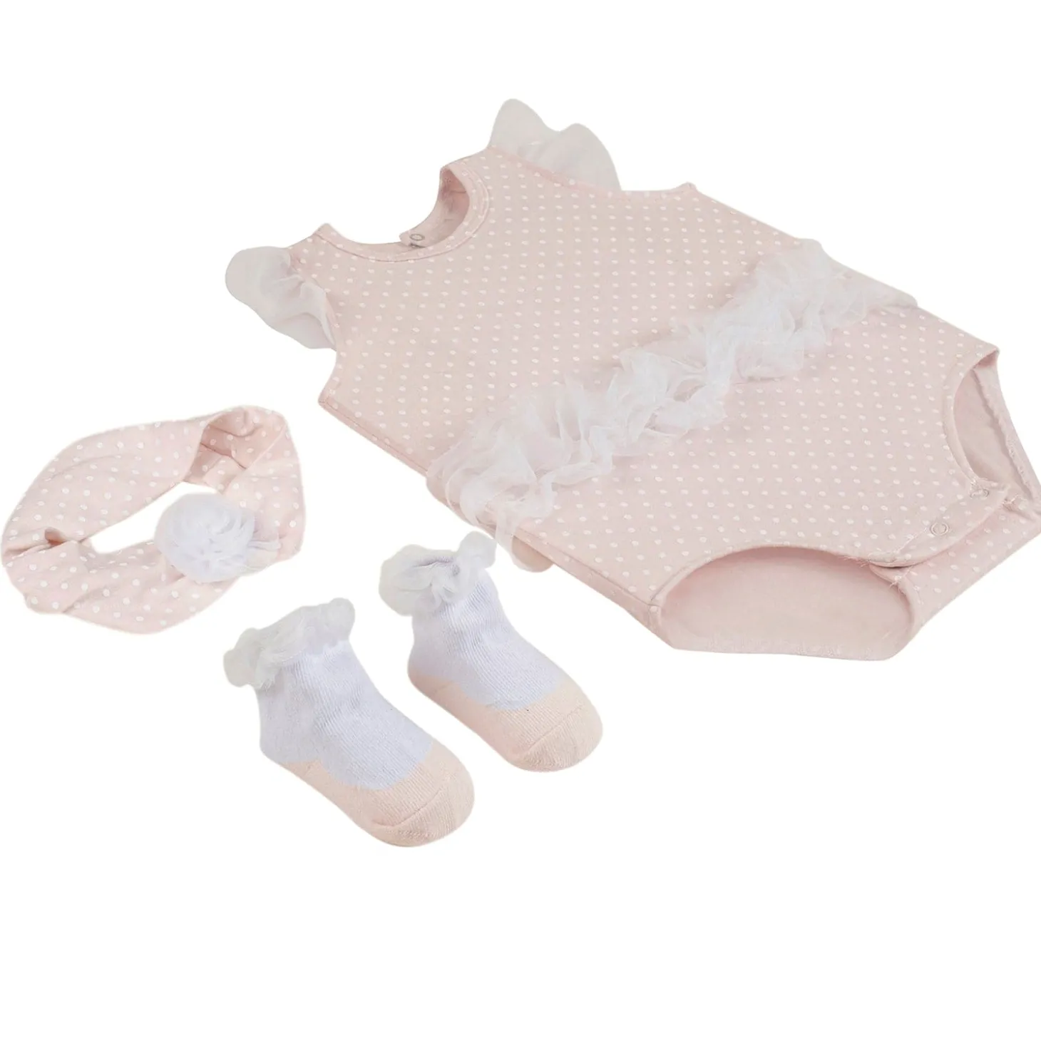 Baby Moo Polka Dotted Gift Set 3 Piece With Bodysuit, Socks And Headband - Peach