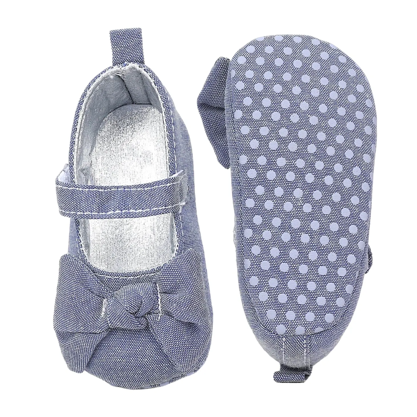 Baby Moo Pretty Bow Knot Velcro Strap Anti-Skid Ballerina Booties - Grey