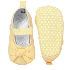 Baby Moo Pretty Bow Knot Velcro Strap Anti-Skid Ballerina Booties - Yellow