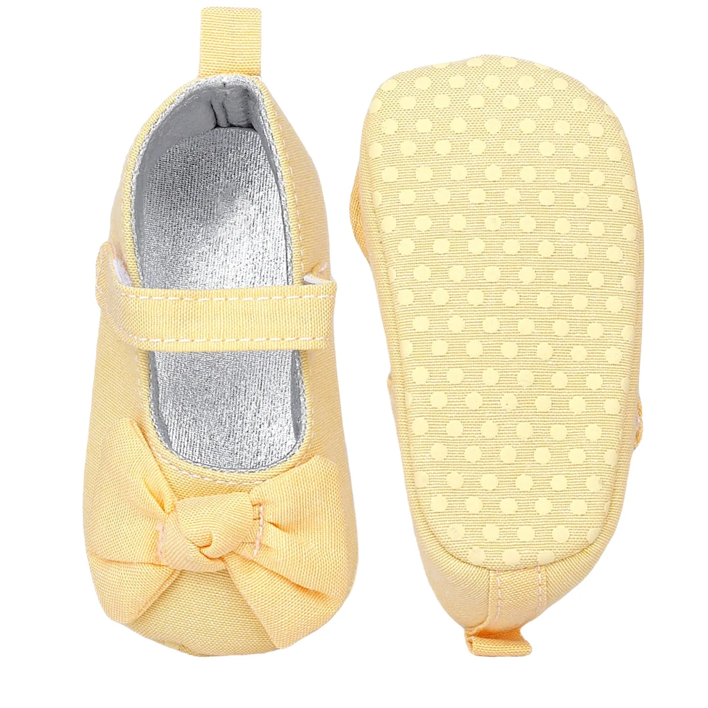 Baby Moo Pretty Bow Knot Velcro Strap Anti-Skid Ballerina Booties - Yellow