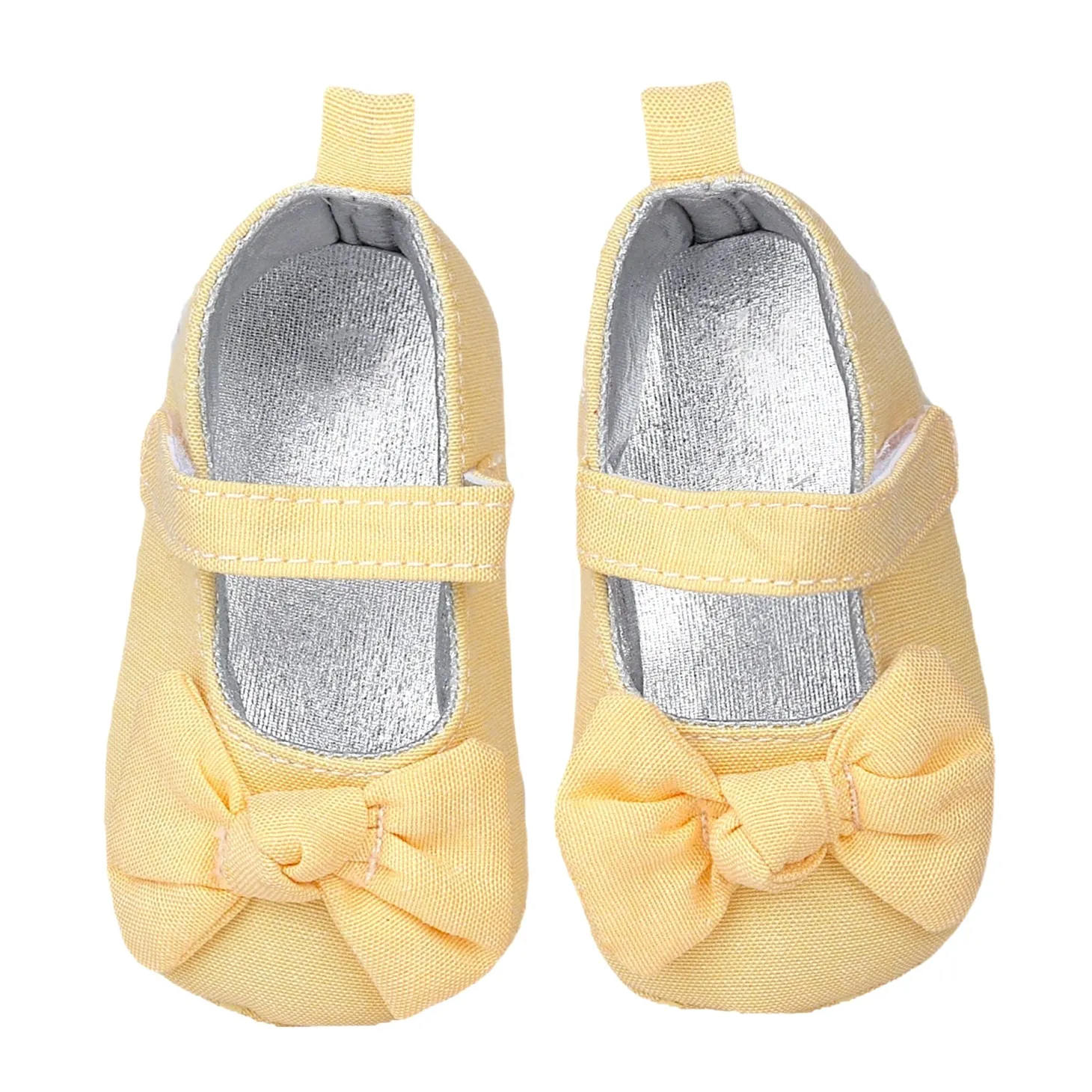Baby Moo Pretty Bow Knot Velcro Strap Anti-Skid Ballerina Booties - Yellow