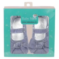 Baby Moo Pretty Bow Knot Velcro Strap Anti-Skid Ballerina Booties - Grey