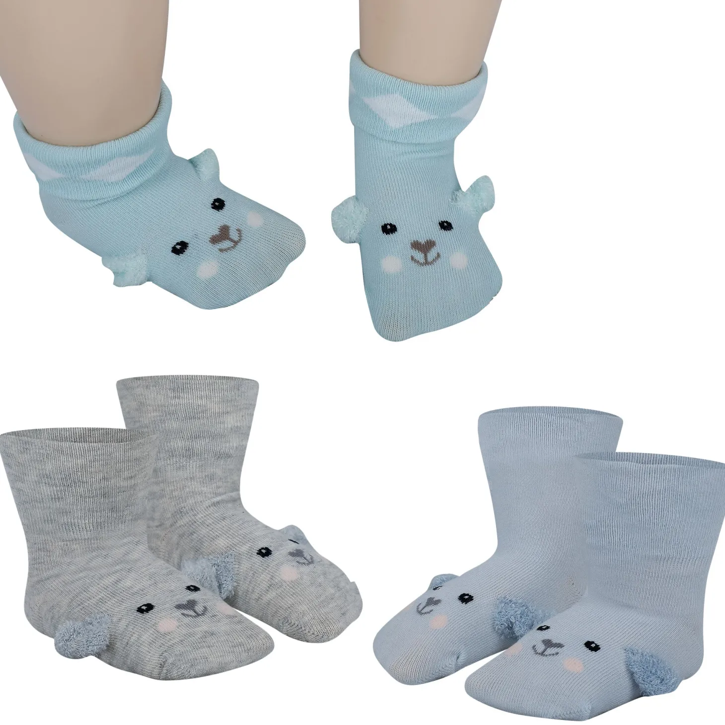 Baby Moo Puppy 3D Anti-Skid Socks Booties Pack of 3 - Grey