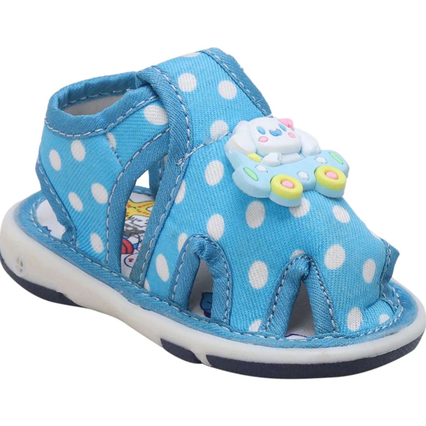 Baby Moo Puppy In Car Polka Dot Velcro Strap Anti-Skid Chu Chu Sound Sandals - Blue