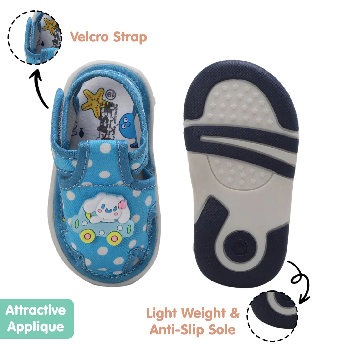 Baby Moo Puppy In Car Polka Dot Velcro Strap Anti-Skid Chu Chu Sound Sandals - Blue