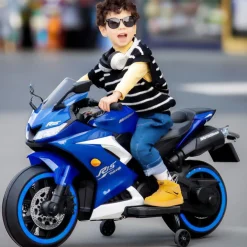 Baby Moo R15 Rechargeable 12V Battery Operated Ride On Bike for Kids with LED Lights, Music, and USB Port - Blue