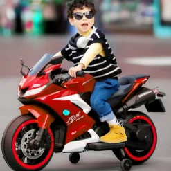 Baby Moo R15 Rechargeable 12V Battery Operated Ride On Bike for Kids with LED Lights, Music, and USB Port - Red