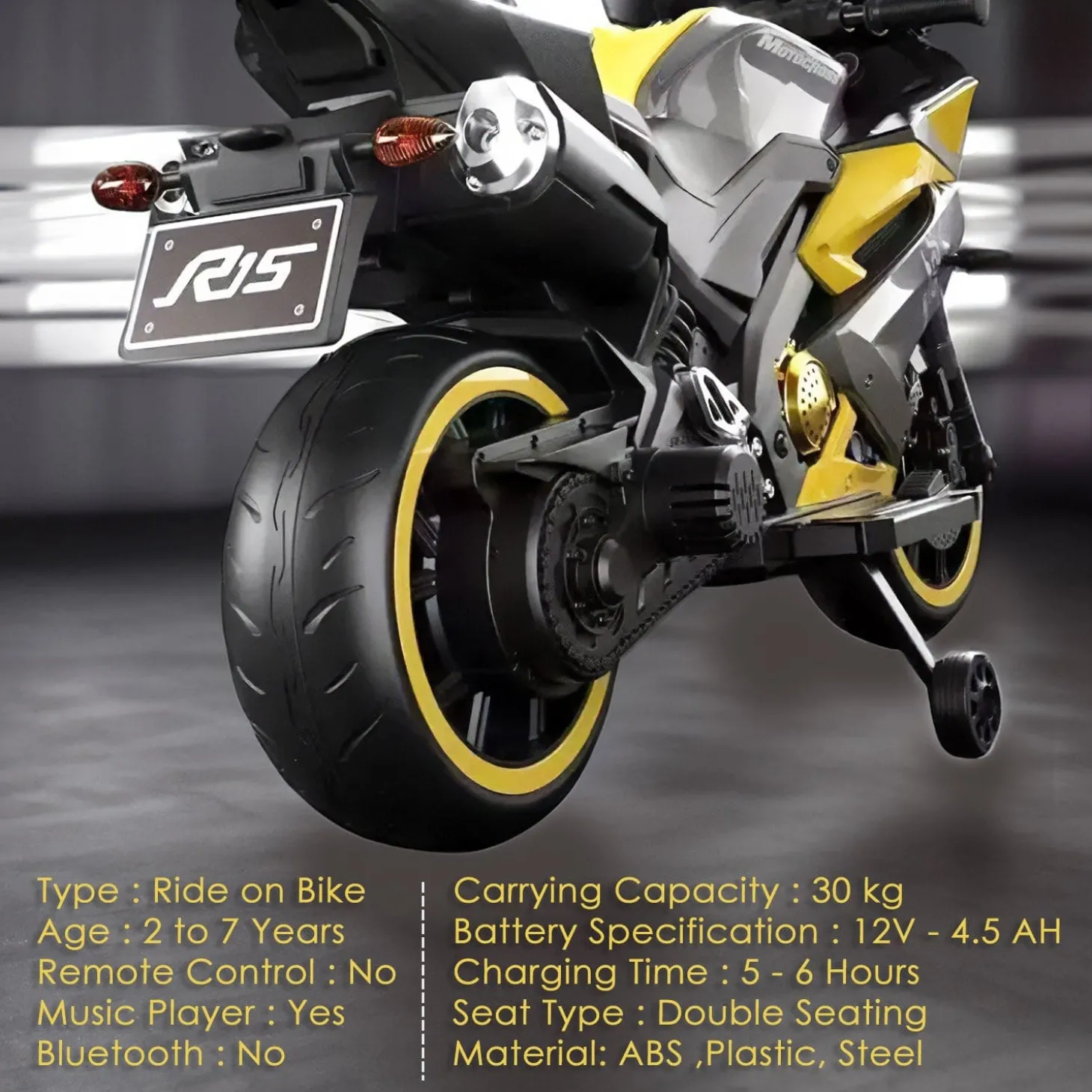 Baby Moo R15 Rechargeable 12V Battery Operated Ride On Bike for Kids with LED Lights, Music, and USB Port - Yellow