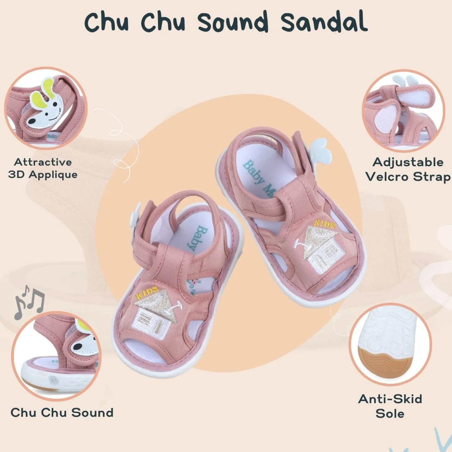 Baby Moo Rainbow Chu-Chu Sound Breathable Anti-Skid Sandals - Pink
